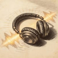 Classic analog headphones bridging ancient wisdom to modern life through the medium of the spoken word.