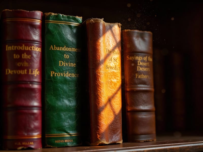 Close-up of antique leather-bound book spines with gold leaf titles, representing a curated library of the best Catholic spiritual classics and essential writings of the saints.