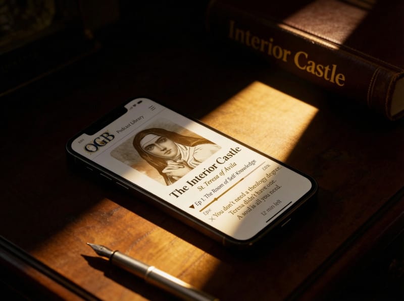 Smartphone on a desk showing a guided audio transcript of Interior Castle with a clear definition of the prayer of Recollection.