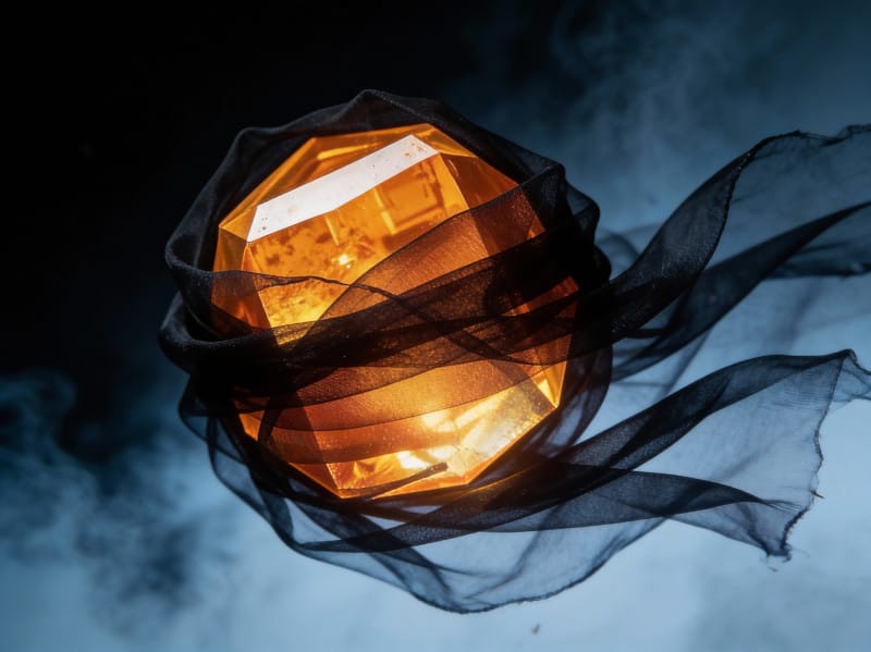 A glowing crystal diamond partially draped in heavy black cloth, illustrating St. Teresa's teaching that sin obscures the soul's light but does not destroy it.