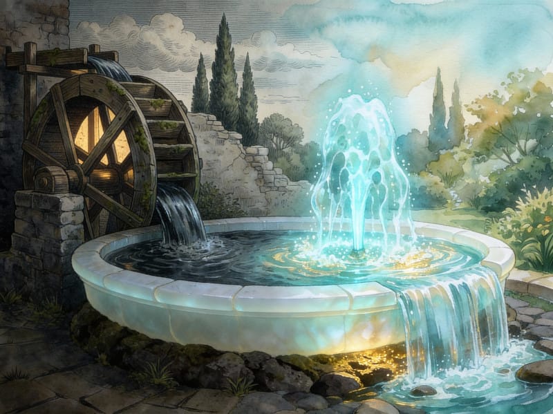A split illustration of a mechanical water wheel and a natural spring, illustrating St. Teresa's distinction between active prayer (work) and the Prayer of Quiet (gift).