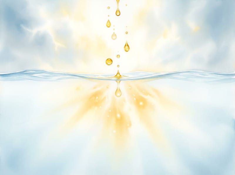 An ethereal illustration of golden rain drops merging seamlessly into a river, representing St. Teresa's teaching on Spiritual Marriage and the soul's permanent union with God.