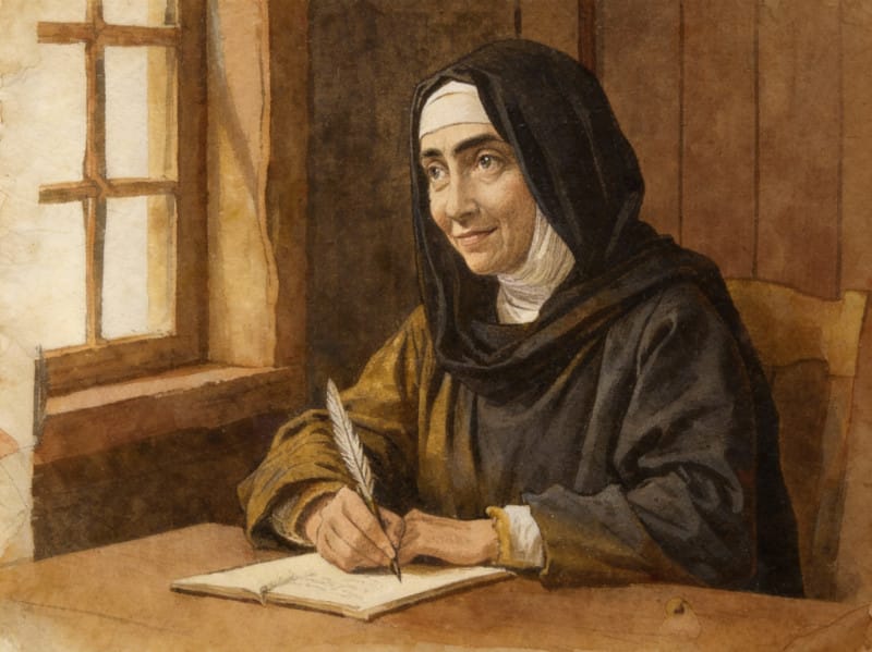 Portrait of St. Teresa of Avila, author of The Interior Castle, depicted as a wise and warm spiritual mentor writing at her desk.