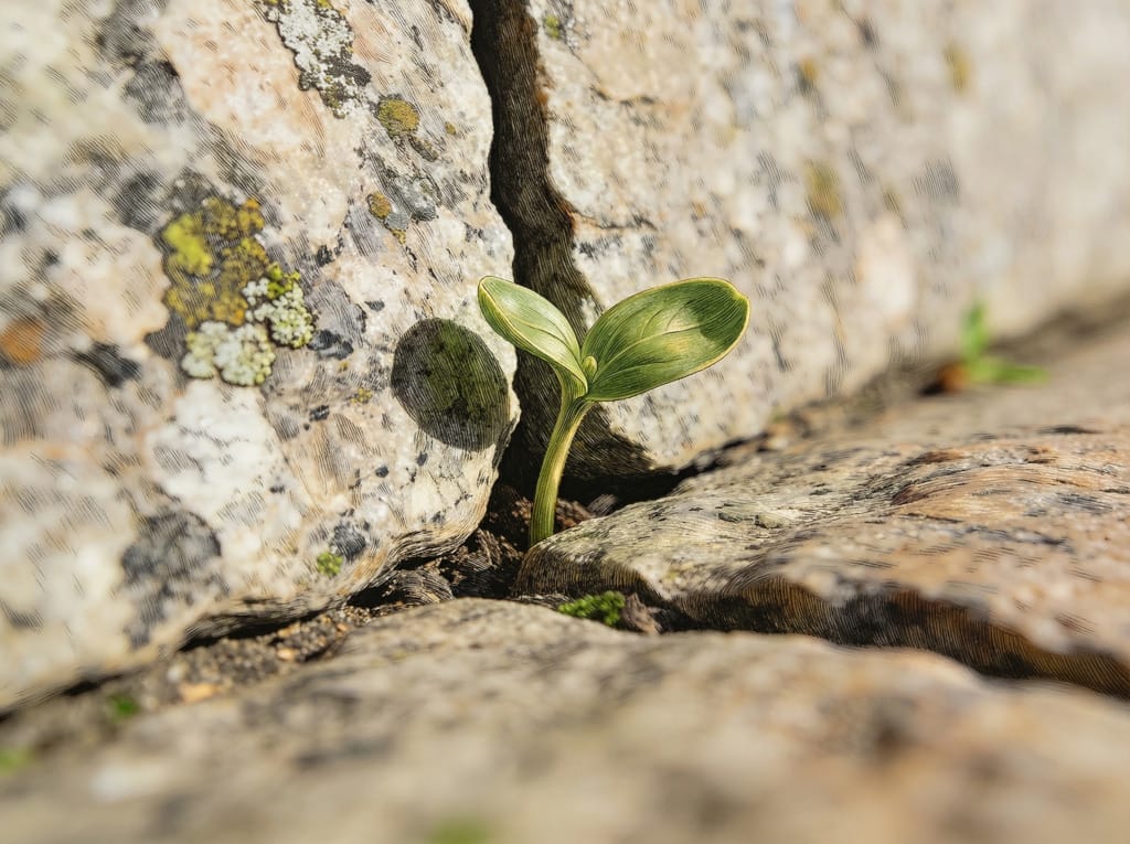 A resilient plant emerging from hard stone, illustrating that spiritual growth is possible even during seasons of dryness.