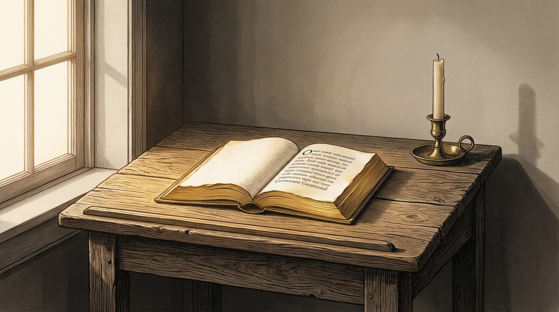 Woodcut-style illustration of a simple wooden desk with an open book and an unlit candle, representing the invitation to overcome the intimidation of reading Catholic spiritual classics.